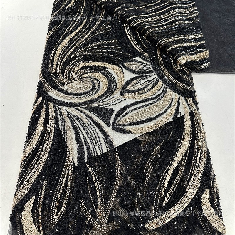 Tejido de cuentas de tubo de cuentas de sequinado tejido bordado alto estilo europeo, americano, francés vestido de cena de baile vestido de boda tejido