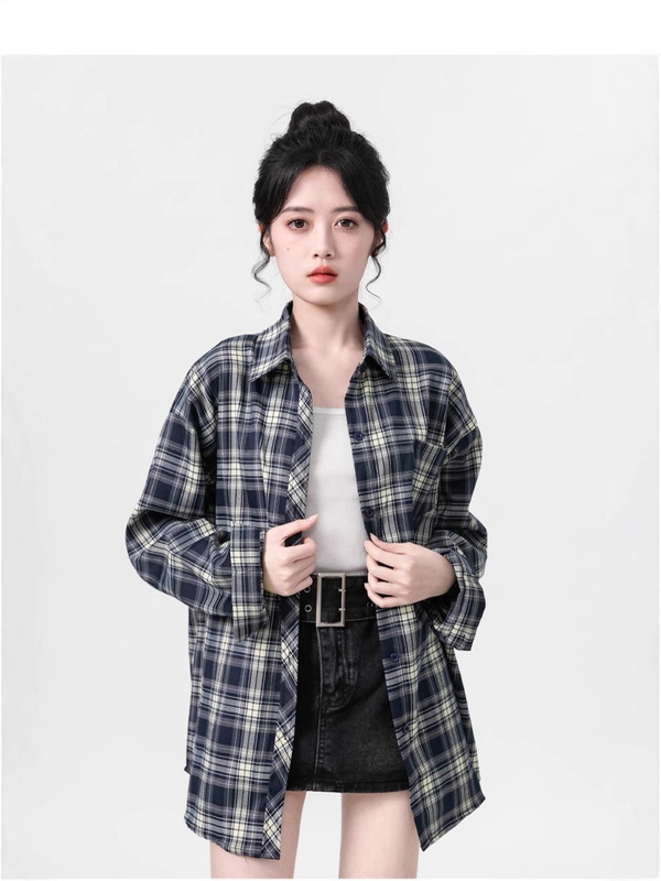 美式复古格子衬衫外套女新款宽松小个子衬衣长袖上衣春秋薄款韩版|undefined