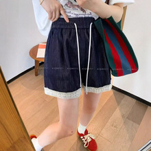 韩系2025夏薄款甜美蕾丝花边牛仔短裤女松紧腰宽松显瘦洋气阔腿裤