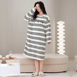 秋冬新款半边绒女长袖睡裙加厚保暖休闲女家居服图片色弹力丝麻棉