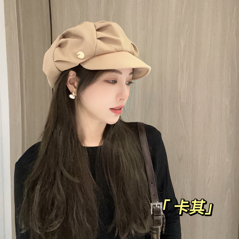 Pleated Cloud For Women 2024 Korean Style Octagonal Hat Large Head Circumference Face Slimming Fashionable Unique Beret_voghion.com