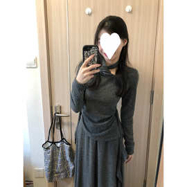 法式灰色连衣裙子套装女高级感针织衫上衣半身长裙子两件套春秋季