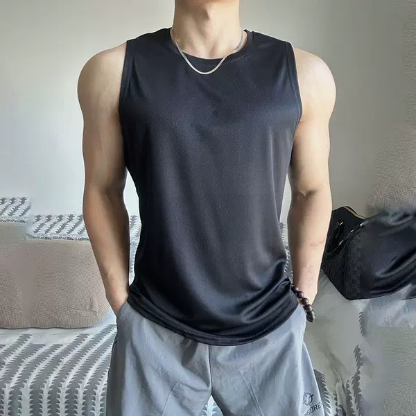 Summer New Trendy Men's Pullover Round Neck Mesh Base Shirt Sports Fitness Top Sleeveless Vest Quick-Drying