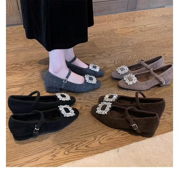 Cowhide Version ~ Grape Mom's Same Style New Diamond Buckle Small Square Toe One-Line Strap Warm Thick Heel Mary Jane Women's High-Heeled Shoes