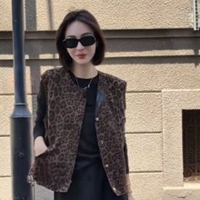 无袖豹纹两面穿PU皮背心马甲外套女2025秋季宽松显瘦无袖坎肩马夹