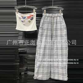正洳西女装复古时尚套装女小众抹胸背心+格子阔腿裤两件套15596