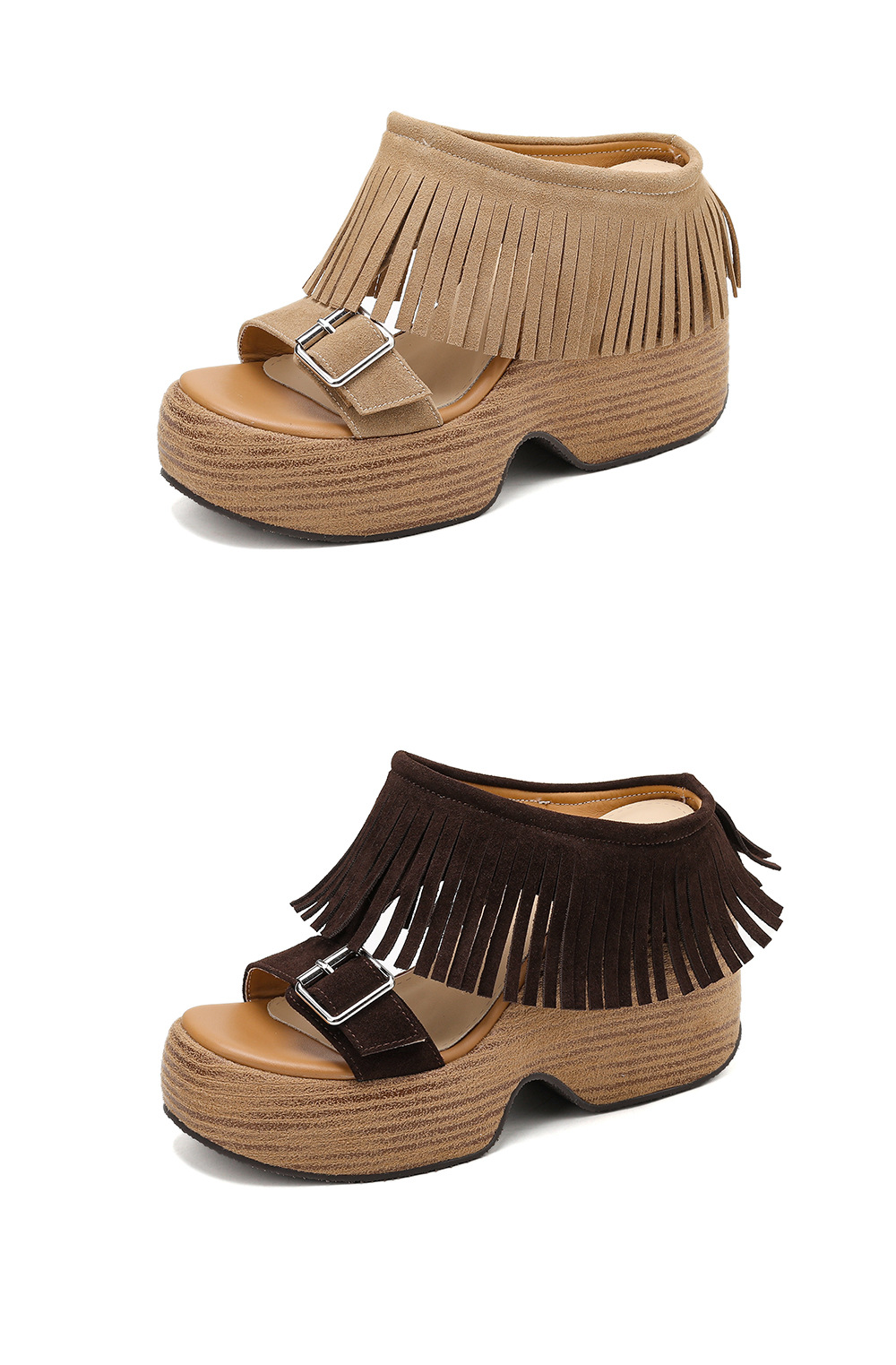 Dép sandal nữ quai ngang đế xuồng cao gót 9 cm phong cách retro tua rua — nâu sẫm, màu mơ chi tiết 21