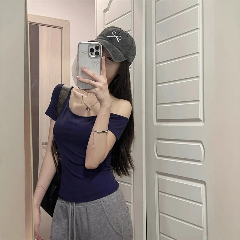 Navy Blue One-Shoulder Slim-Fitting Short-Sleeved T-Shirt for Women Summer Pure Sexy American Sexy Top
