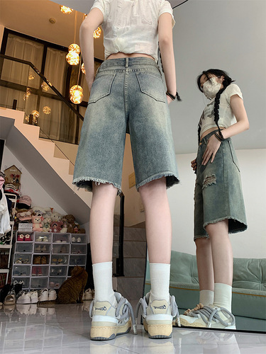 Vintage, torn, five-cent jeans, women's 2025 summer, high waist, large size, loose, slimming straight, wide leg, medium pants