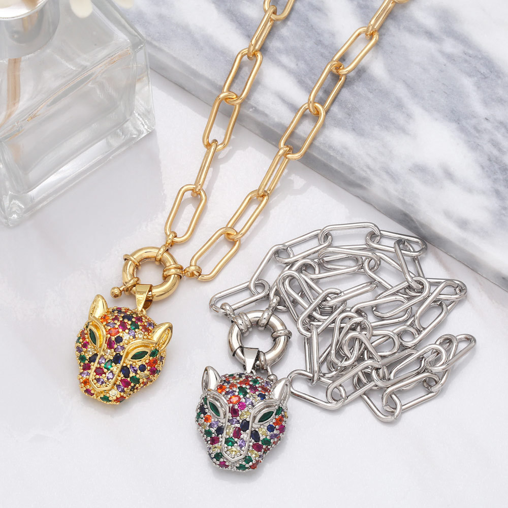 Hip Hop Copper 18K Gold-plated Inlaid Color Zircon Leopard Head Pendant Necklace