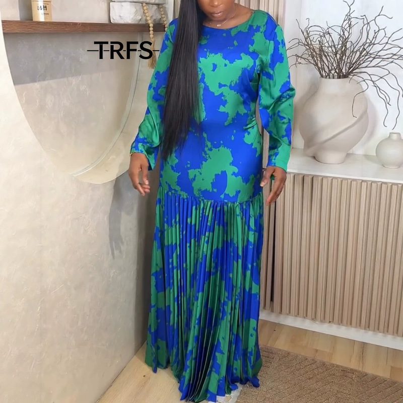 26 Summer New Printed Long-Sleeve Dress, Pleated Long Dress, Backless, Loose, Slimming, Straight Cut, Plus Size Women's Clothing