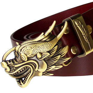 Vintage Distressed Three-Dimensional Bold Brass Buckle with Phoenix Feather Copper Ring Men's Top Layer Cowhide Leather Belt Genuine Leather Belt