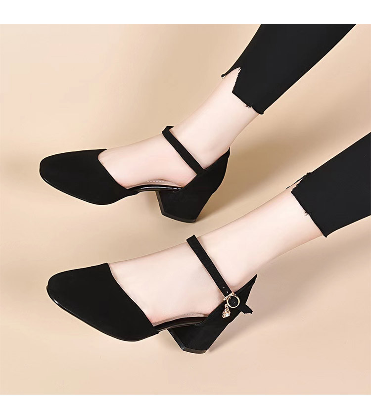 Sandal cao gót nữ quai ngang gót vuông da lộn — Màu đen Cashmere chi tiết 7