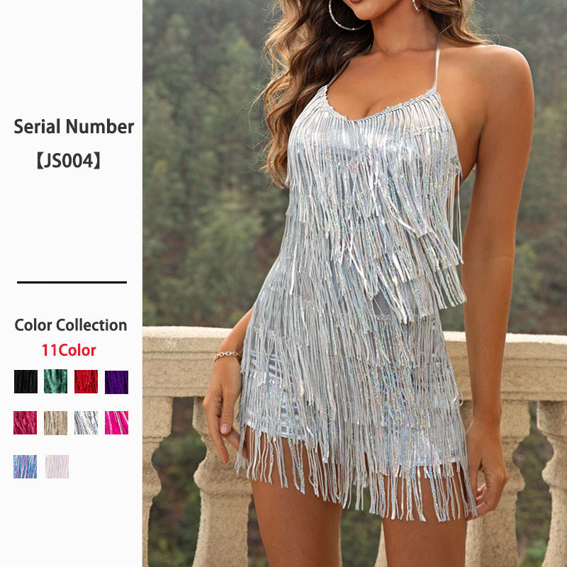 Cross-Border Women's Nightclub Style Spaghetti Strap European and American Dress Pants Fashion Hot Girl Backless Slimming Tassel Satin Jumpsuit