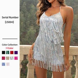 欧美跨境夏季吊带连衣裙女装时尚辣妹露背裙流苏海边度假风裙子女