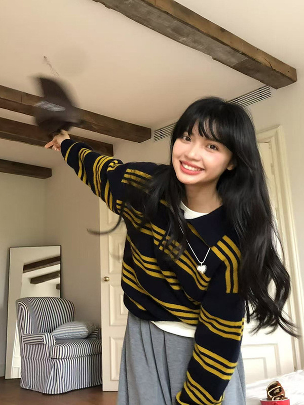 韩国2025秋新款长袖polo领休闲撞色条纹针织衫北极绒复古毛衣女|undefined