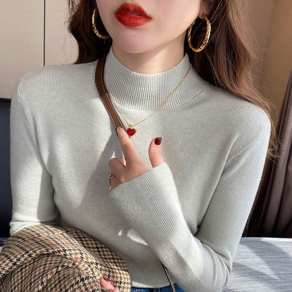 반 높이 칼라베이스 셔츠 여성용 긴팔 봄 가을 착용 내부 스웨터 올 매치 얇은 슬림 핏 슬리밍 서양식 니트 탑