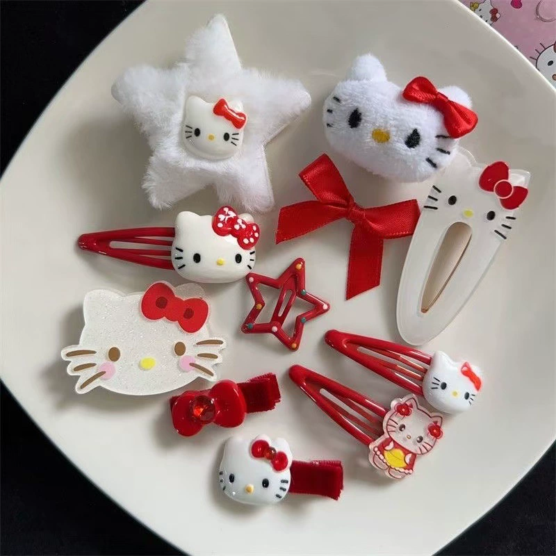 Набор аксессуаров для волос (Hello Kitty) — 10 штук милых японских мультяшных заколок, шпильки и резинки, розовый