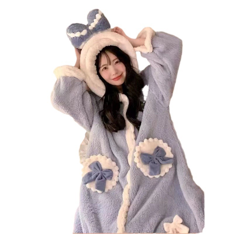 엘사 공주 가을과 겨울 잠옷 여성용 산호 양털 나이트가운 플러스 벨벳 두꺼워진 귀여운 아우터 웨어 겨울 홈 의류 정장