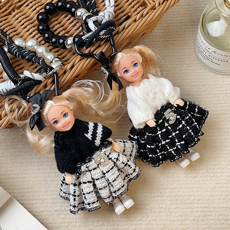 Ins Sweet Cute Double Pony Tail Barbie Princess Chanel Style dress Doll Keychain Gift Bag Pendant