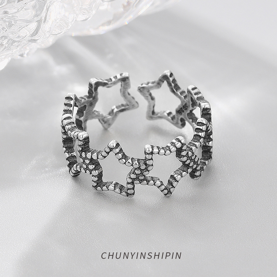 Style Niche Temperament Jewelry S925 Sterling Silver Retro Star Open Ring Korean Personality Star Ring Female