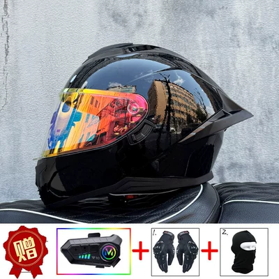 Motosiklet kaskı (dəbilqə) — Men and Women, Bluetooth Full-Face Helmet - iridescent-black-red-night-vision-compatible-y10-soft-microphone-includes-clear-lens-s