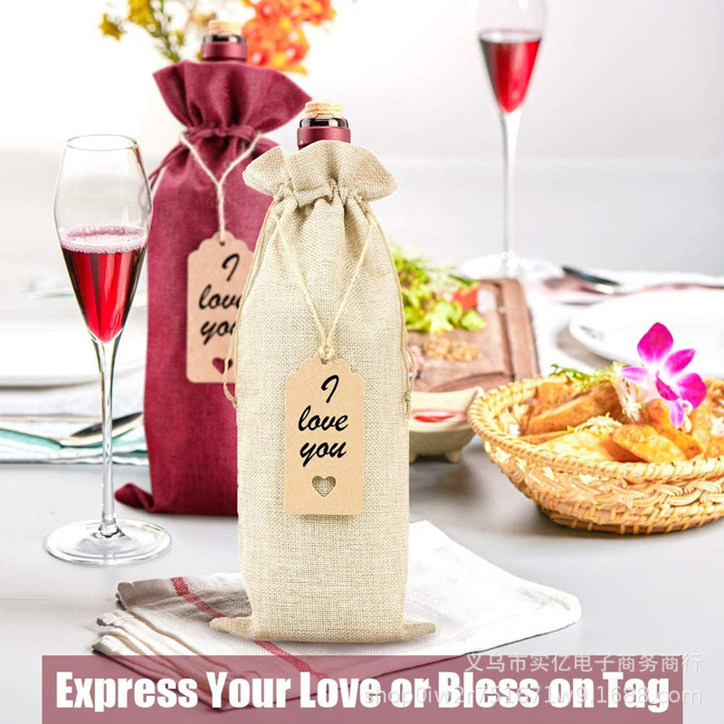 Bolsa de vino de tela transfronteriza, bolsa de regalo de vino, 12 bolsas, bolsa de botella de vino con cordón, juego de etiqueta de amor, venta directa