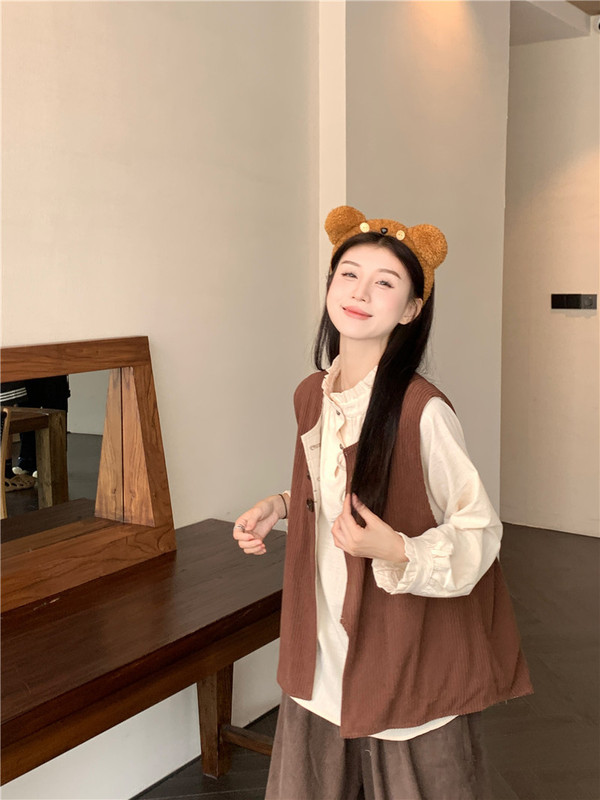 复古叠穿灯芯绒马甲长袖衬衫高腰灯笼长裤女2025秋季新款时尚套装|undefined