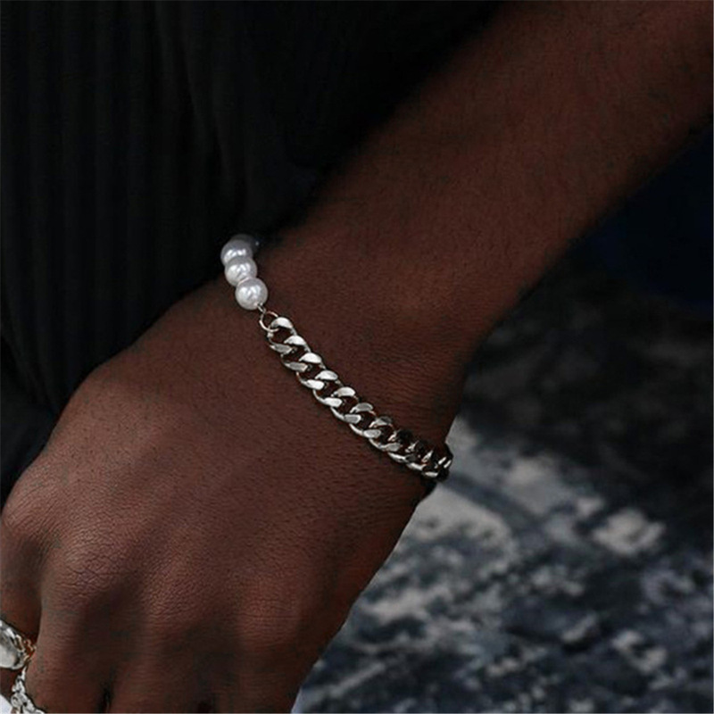 Cross-border New Cuban Chain Pearl Bracelet Men's Cold Style Fashion Ins Niche Hip-hop Simple Couple Bracelet