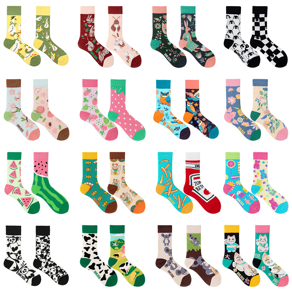 Calcetines AB, calcetines de tubo medio asimétricos y coloridos, calcetines modernos para hombres y mujeres, calcetines de algodón creativos y divertidos con dibujos animados.