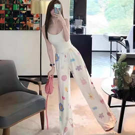 迹逅甜美学院风hiphop印花图案休闲裤子女夏季宽松高腰显瘦阔腿裤