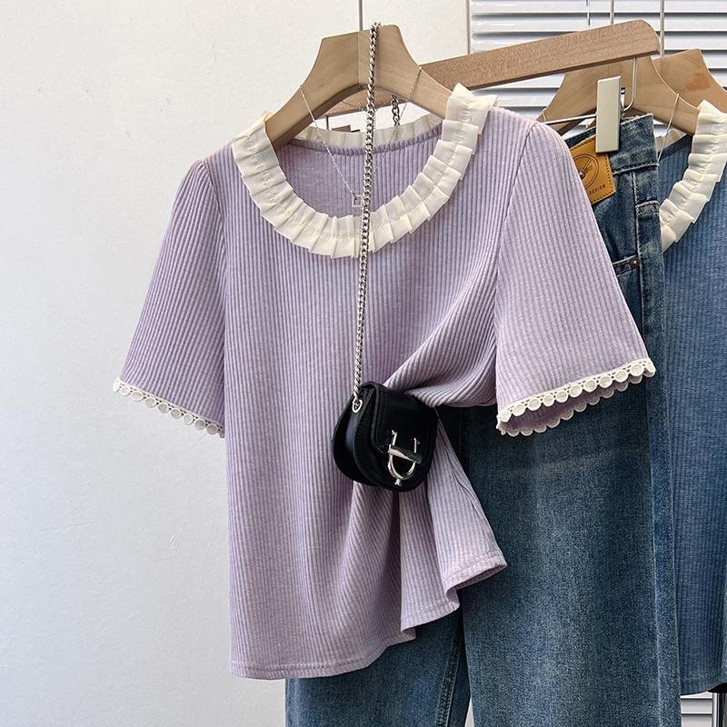 Plus size 1.0-150kg ruffle collar short-sleeve t-shirt for women, summer loose fit for plus-size ladies, lace-trimmed base shirt top