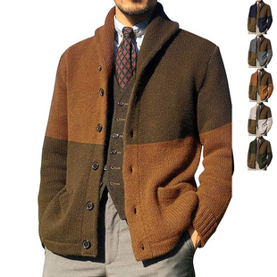 2025 Amazon Sweater Cardigan Color Block Button Long Sleeve Knitted Jacket European and American Foreign Trade Sweater Cardigan Men