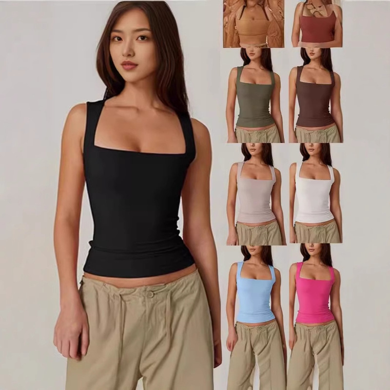 2025 New Amazon Summer New Women's Square Neck Sleeveless Double Layer Vest Basic Tight T-Shirt