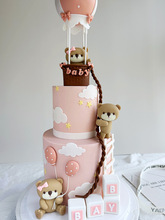 卡通蛋糕装饰粉蓝小熊玩偶摆件男孩女孩生日周岁热气球礼物盒插牌