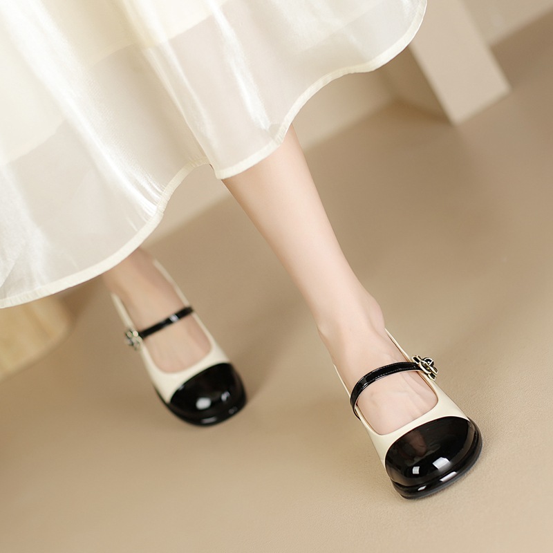 Giày Mary Jane nữ quai ngang cổ điển, gót vuông, mũi nhọn — AW107 mét Đen