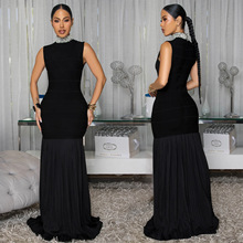 C7409跨境速卖通亚马逊欧美时尚女装拼接压褶气质修身泡珠连衣裙