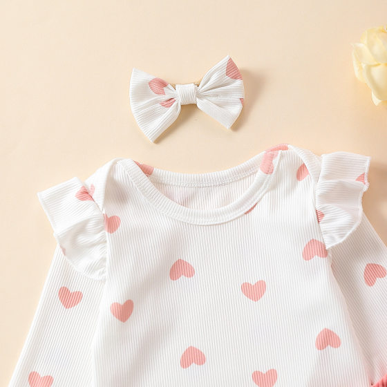 Cross-border Baby Girl's Cute suit Love Printed Flying Sleeve Hare Clothes Halter Skirt Head Rope Three-piece Set