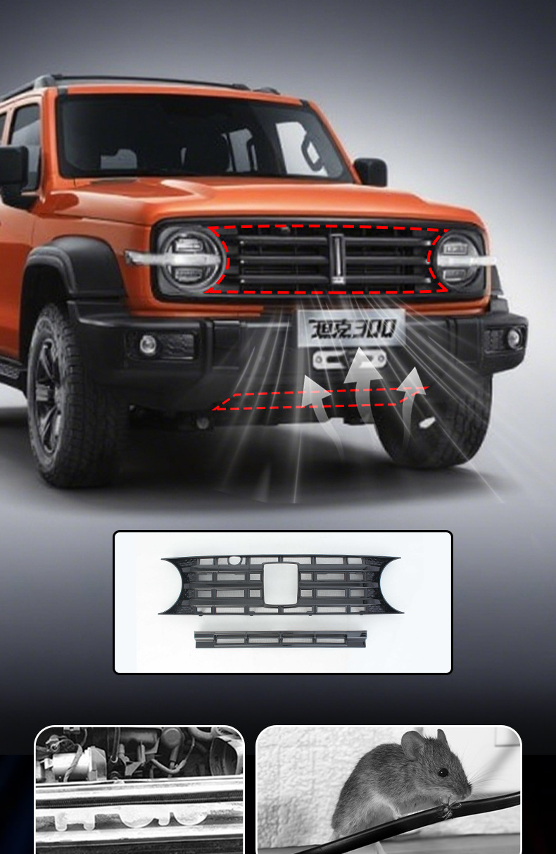 Tank 300 front grille modification with integrated insect-proof net, air conditioning radiator protection net, and specialized off-road accessories