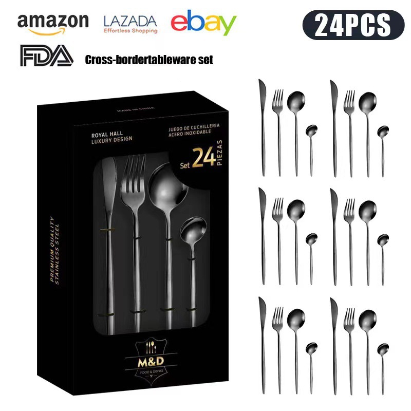 Juego de cuchillo y tenedor de comida occidental portuguesa de acero inoxidable de Amazon transfronterizo Juego de 24 piezas de bistec, cuchillo, tenedor, cuchara, cuchara, juego de cuchara de postre