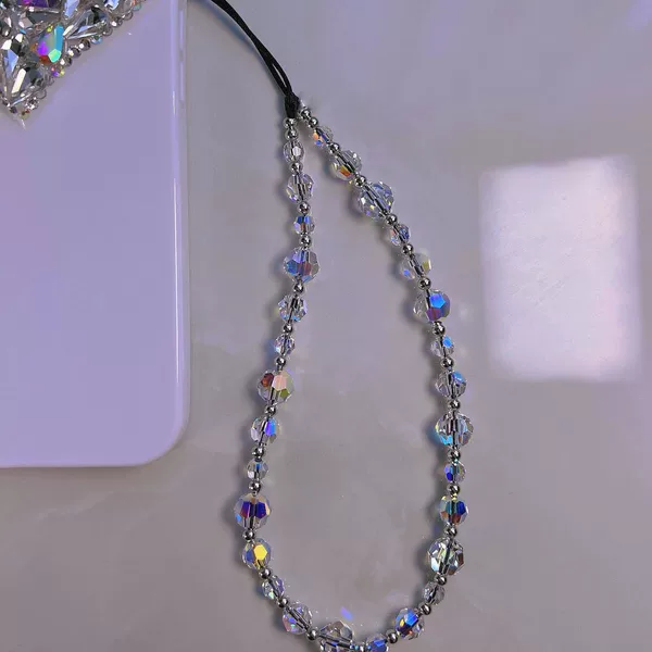Iridescent Faceted Crystal Phone Chain Versatile Sparkling Glass Bead Short Wrist Strap Women's Bag Accessory Wholesale