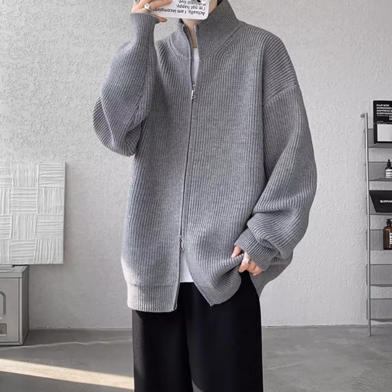 Retro Color-Block Cardigan – Oversized Stand Collar Sweater With Dual-Zip (M-3XL, Grey/Black)_voghion.com