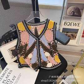复古拼色勾花镂空针织叠穿马甲背心女秋冬新款洋气外搭开衫短上衣