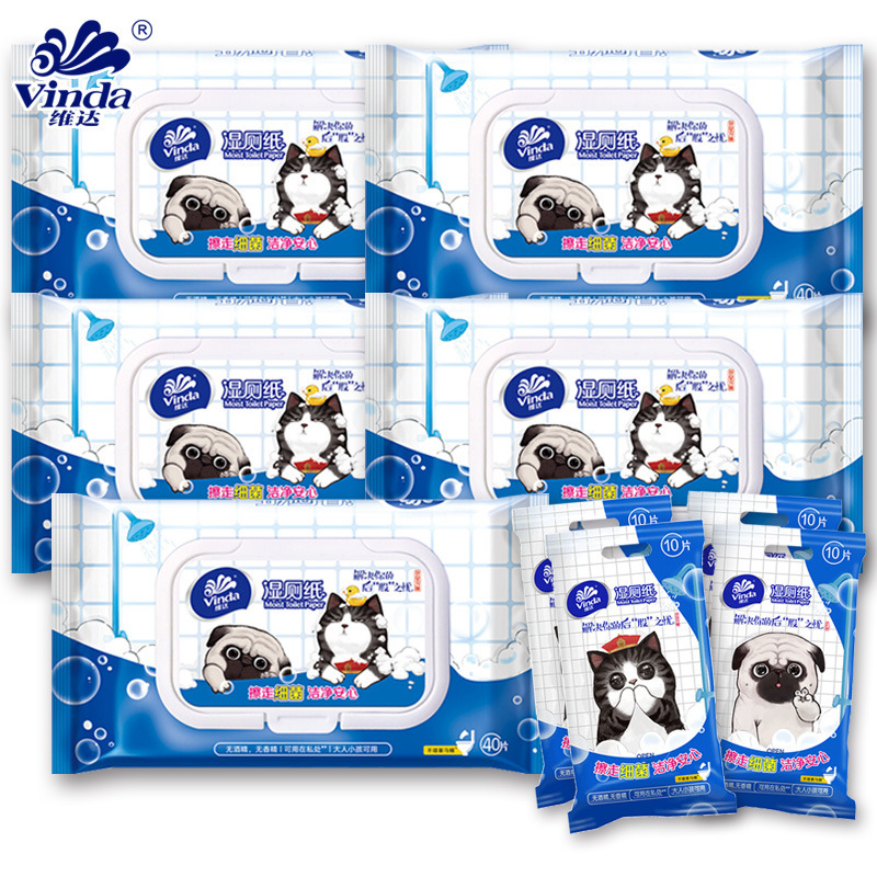 Vidago CAT toallitas húmedas de papel higiénico 40 piezas 5 paquetes gratis mini portátil 10 toallitas húmedas de baño al por mayor