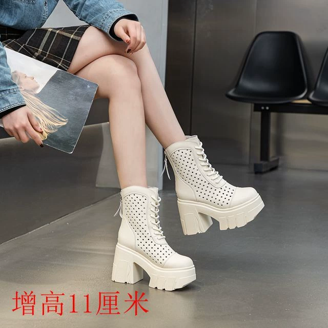 Ботинки из натуральной кожи с перфорацией, рыцарские сапоги на высоком каблуке, сандалии, женские ботинки на платформе, новые тонкие ботинки на платформе 2025 года