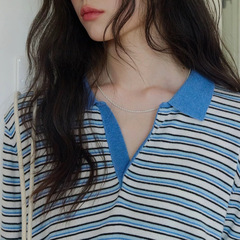撞色polo翻领蓝白条套头羊毛针织衫2025女秋层次感宽松薄毛衣