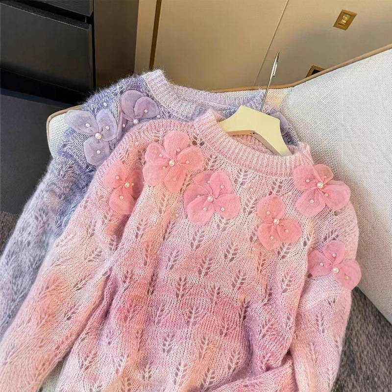 女性用グラデーションカラーセータージャケット、新しいデザインのビーズフラワーボトムシャツ、甘くて柔らかいワックス状セーター|undefined