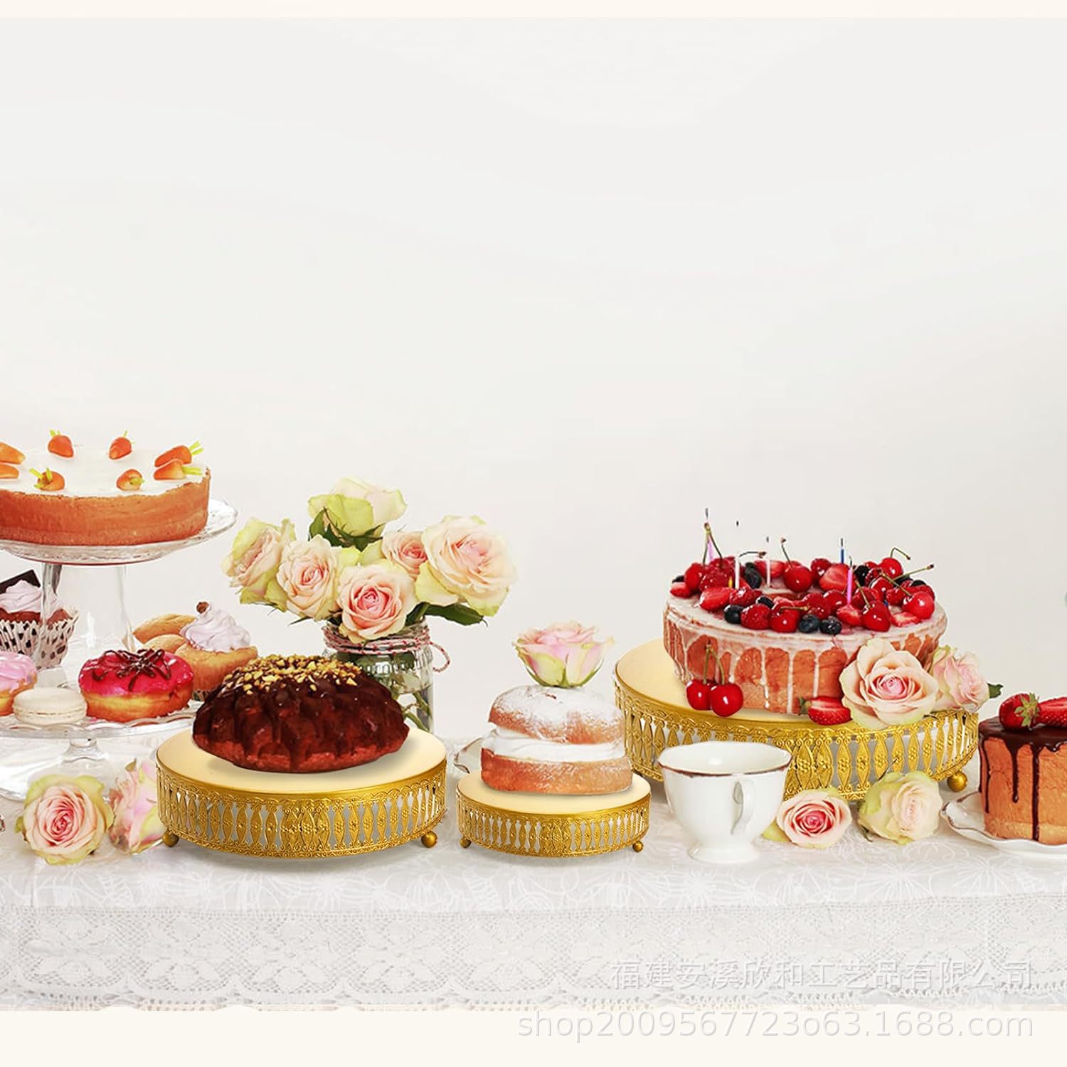 Bodas europeas redondas postres tiendas de dulces bandejas de pasteles de pies altos estantes de pasteles bandejas de frutas