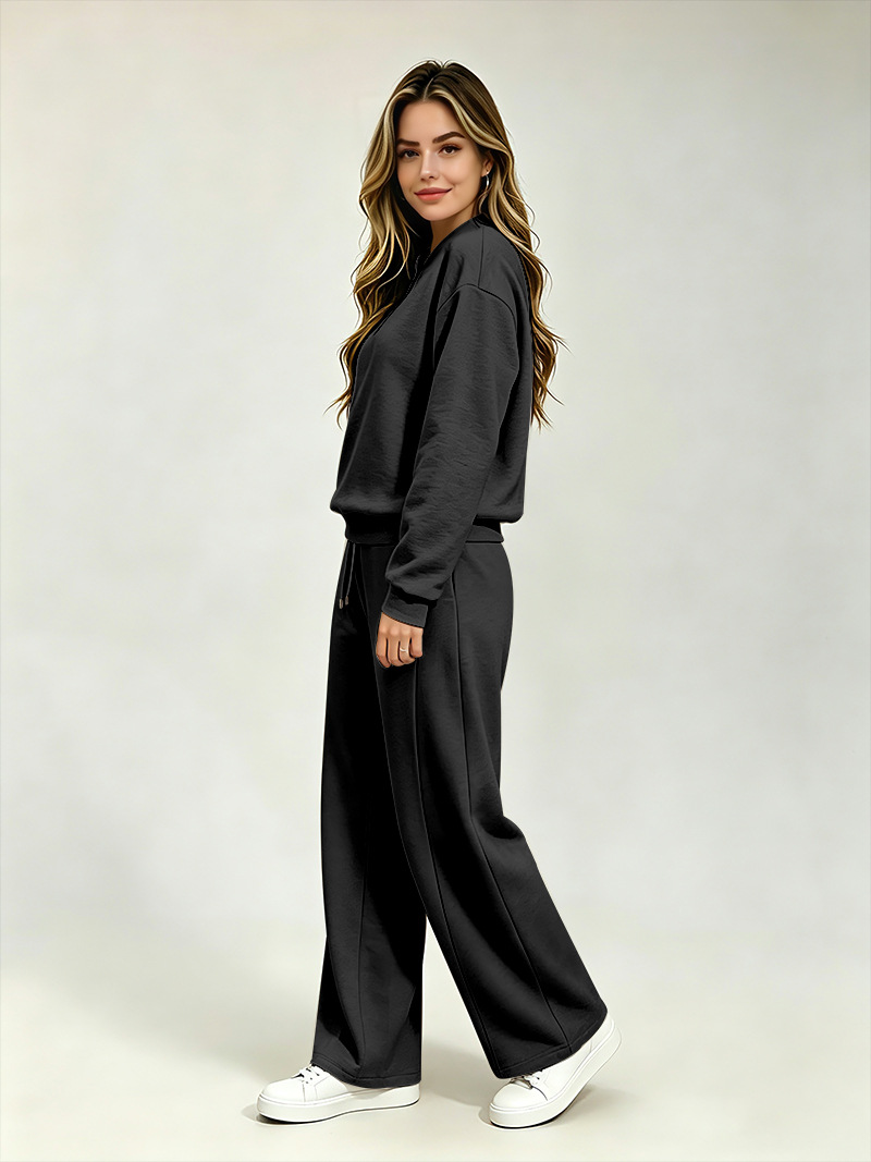 Women's Clothing Women's Fashionable Long Sleeved Sweatshirt Casual Trousers Set Style Autumn Half Open Collar Solid Color Loose Fit_ecoleips.com