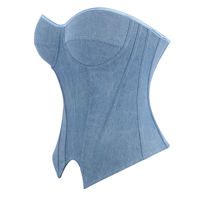 Light Blue Denim Strapless Shapewear Top With Bra Support For Women_voghion.com